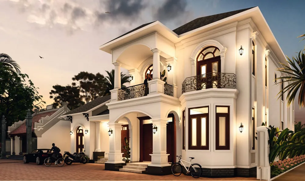 Phối cảnh biệt thự tân cổ điển 2 tầng lên đèn