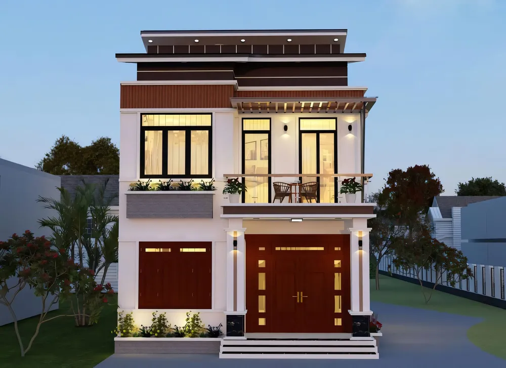 Phối cảnh nhà phố 2 tầng mái bằng, mặt tiền ốp gỗ