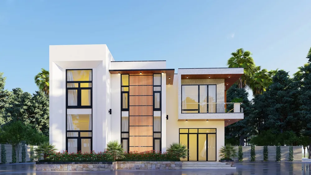 Phối cảnh nhà 2 tầng mái bằng, mặt tiền nan gỗ