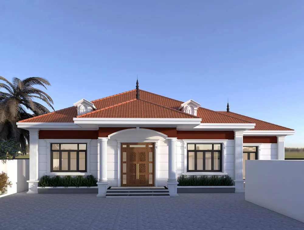 Phối cảnh nhà cấp 4 mái ngói đỏ, sảnh cột tròn