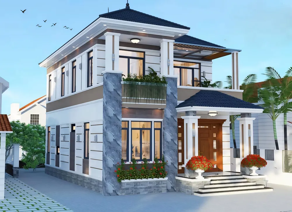 Phối cảnh nhà 2 tầng mái Thái, mặt tiền ốp đá