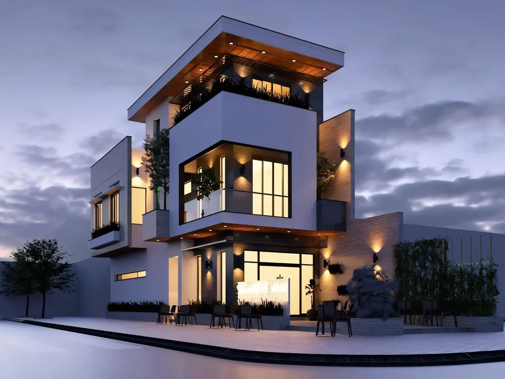 Phối cảnh nhà phố 3 tầng hiện đại lên đèn buổi tối