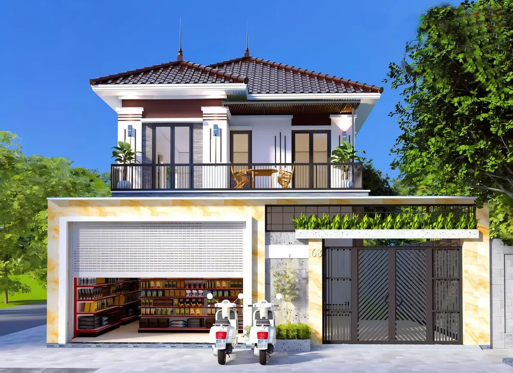 Phối cảnh 3D nhà 2 tầng có tầng trệt kinh doanh